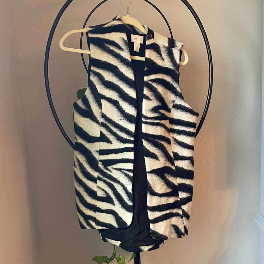 Chico's Womens Zebra-Print Faux Fur Vest - Black & White Med